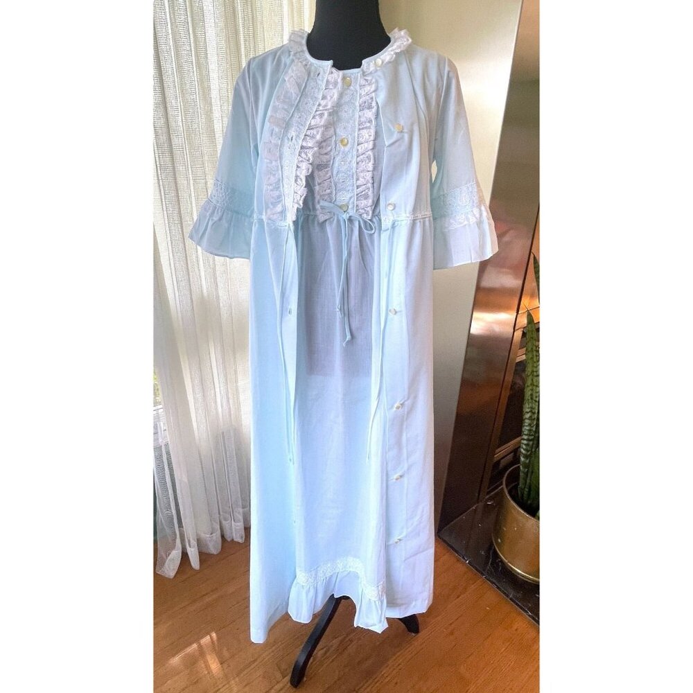 Vintage 1970s peignoir set, soft cotton blend blue negligee and robe, 6 (M)